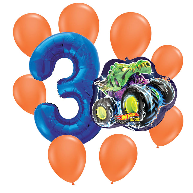 Hot Wheels 3rd birthday set main: number 3 foil, themed foil and 8 matching latex balloons