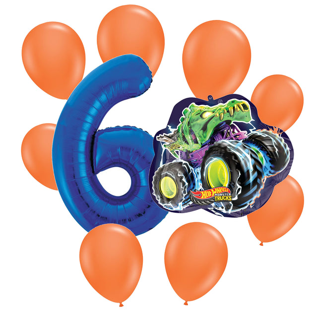 Hot Wheels 6th birthday set main: number 6 foil, themed foil and 8 matching latex balloons