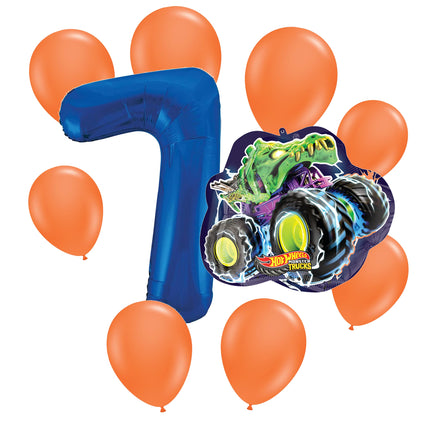 Hot Wheels 7th birthday set main: number 7 foil, themed foil and 8 matching latex balloons