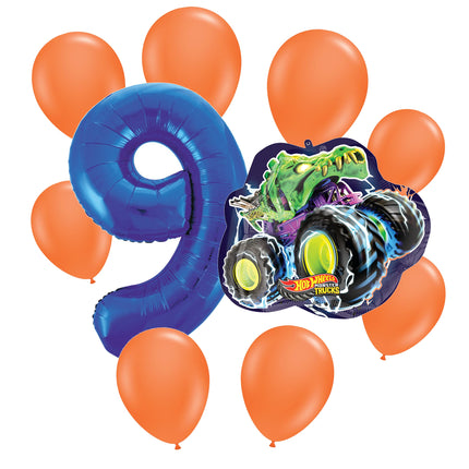 Hot Wheels 9th birthday set main: number 9 foil, themed foil and 8 matching latex balloons