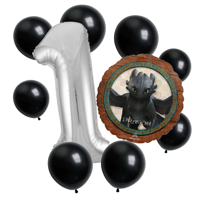 How to Train Your Dragon 1st birthday set main: number 1 foil, themed foil and 8 matching latex balloons