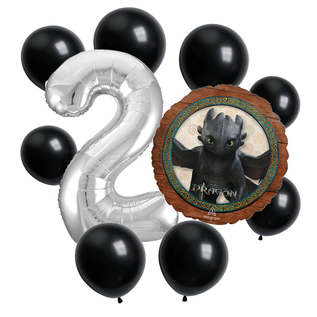 How to Train Your Dragon 2nd birthday set main: number 2 foil, themed foil and 8 matching latex balloons