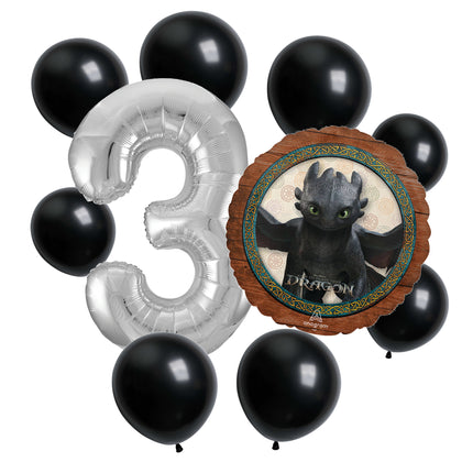 How to Train Your Dragon 3rd birthday set main: number 3 foil, themed foil and 8 matching latex balloons