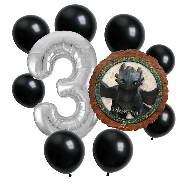 How to Train Your Dragon 3rd birthday set main: number 3 foil, themed foil and 8 matching latex balloons