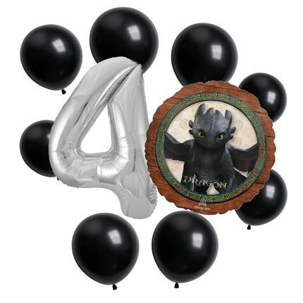 How to Train Your Dragon 4th birthday set main: number 4 foil, themed foil and 8 matching latex balloons