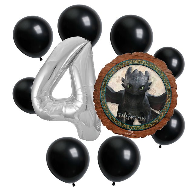 How to Train Your Dragon 4th birthday set main: number 4 foil, themed foil and 8 matching latex balloons