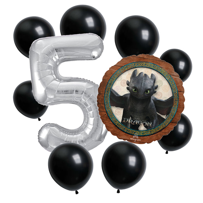 How to Train Your Dragon 5th birthday set main: number 5 foil, themed foil and 8 matching latex balloons