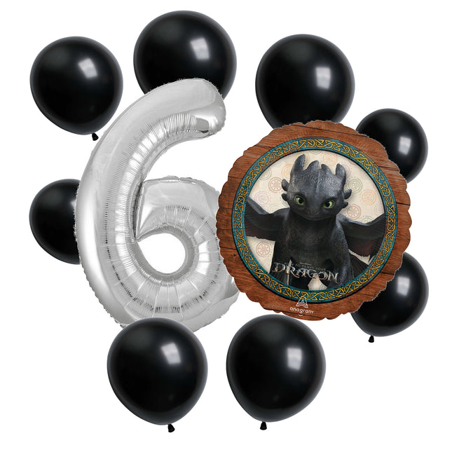 How to Train Your Dragon 6th birthday set main: number 6 foil, themed foil and 8 matching latex balloons