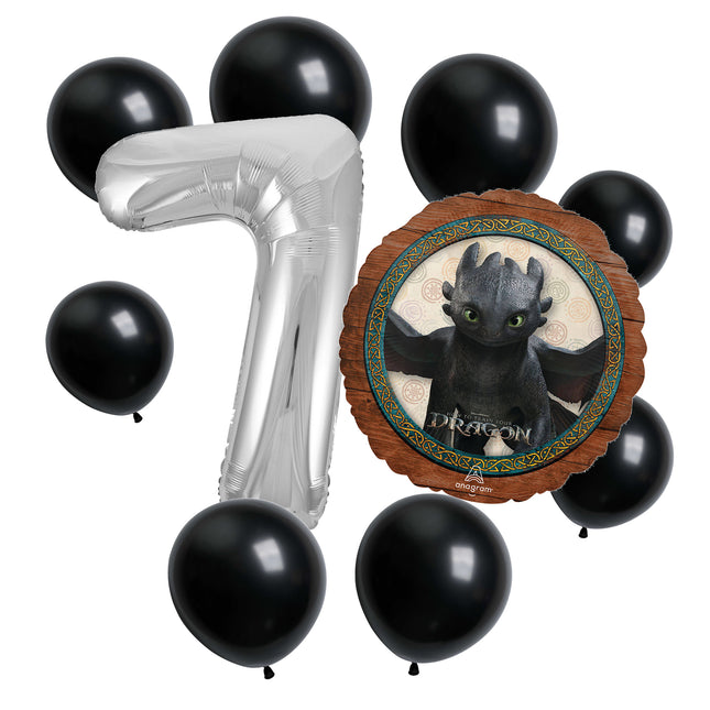 How to Train Your Dragon 7th birthday set main: number 7 foil, themed foil and 8 matching latex balloons