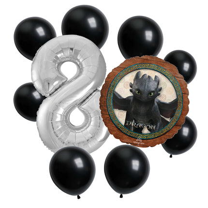 How to Train Your Dragon 8th birthday set main: number 8 foil, themed foil and 8 matching latex balloons