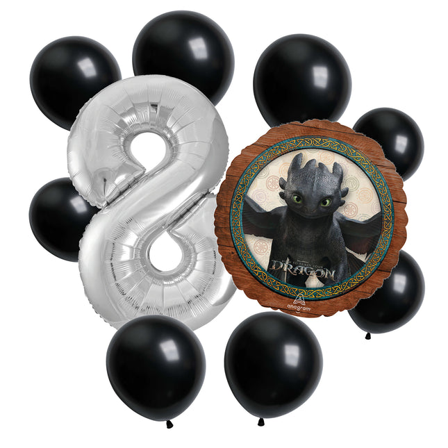 How to Train Your Dragon 8th birthday set main: number 8 foil, themed foil and 8 matching latex balloons