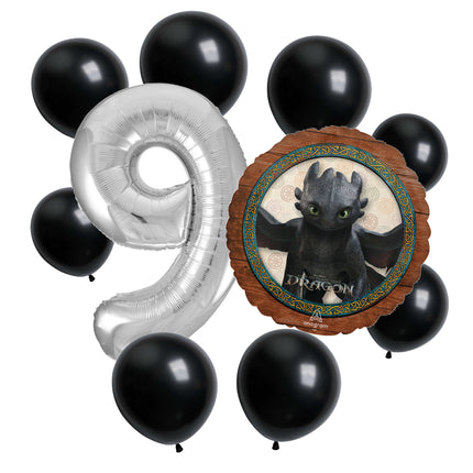 How to Train Your Dragon 9th birthday set main: number 9 foil, themed foil and 8 matching latex balloons