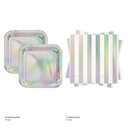 Iridescent Dinner Plates and Napkins Set for 16 Guests - included packs and quantities