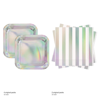 Iridescent Dinner Plates and Napkins Set for 32 Guests - included packs and quantities