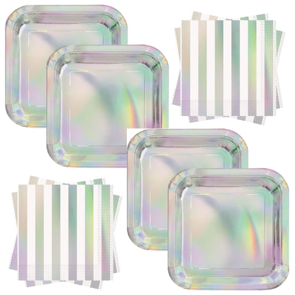 Iridescent Dinner Plates and Napkins Set for 32 Guests - set overview