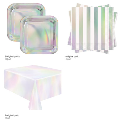 Iridescent Plates, Napkins and Tablecloth Set for 16 Guests - included packs and quantities