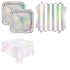 Iridescent Plates, Napkins and Tablecloth Set for 16 Guests - set overview