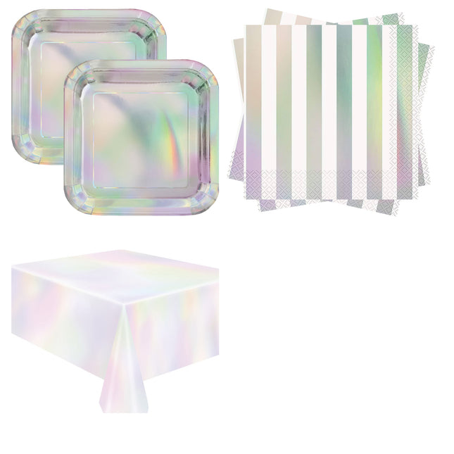 Iridescent Plates, Napkins and Tablecloth Set for 16 Guests - set overview