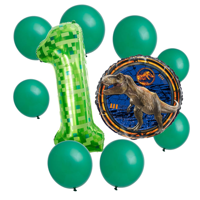 Jurassic World 1st birthday set main: number 1 foil, themed foil and 8 matching latex balloons