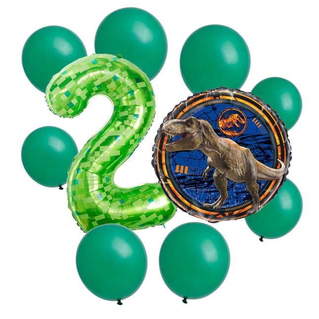 Jurassic World 2nd birthday set main: number 2 foil, themed foil and 8 matching latex balloons
