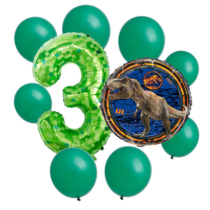 Jurassic World 3rd birthday set main: number 3 foil, themed foil and 8 matching latex balloons