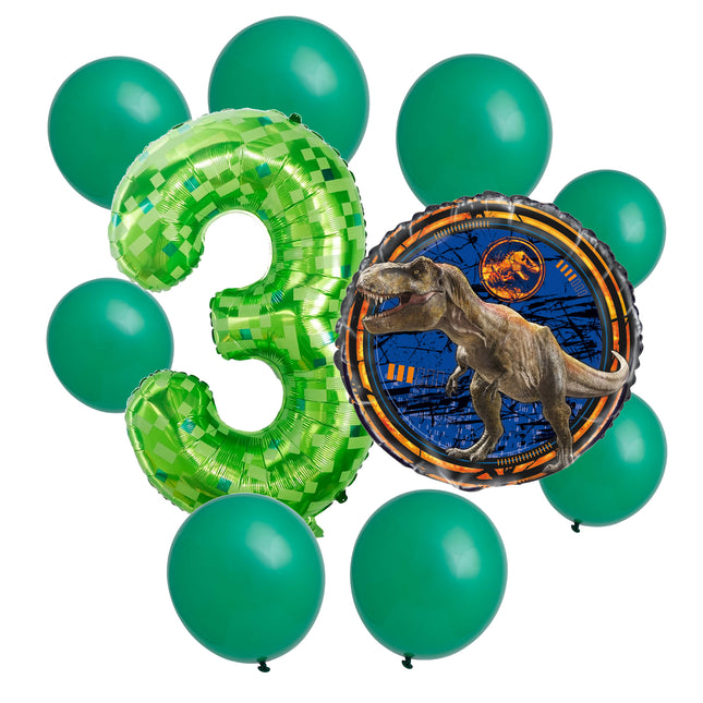 Jurassic World 3rd birthday set main: number 3 foil, themed foil and 8 matching latex balloons