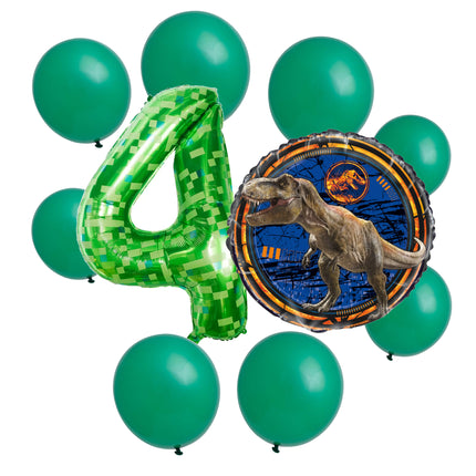 Jurassic World 4th birthday set main: number 4 foil, themed foil and 8 matching latex balloons