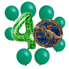 Jurassic World 4th birthday set main: number 4 foil, themed foil and 8 matching latex balloons