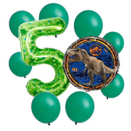 Jurassic World 5th birthday set main: number 5 foil, themed foil and 8 matching latex balloons