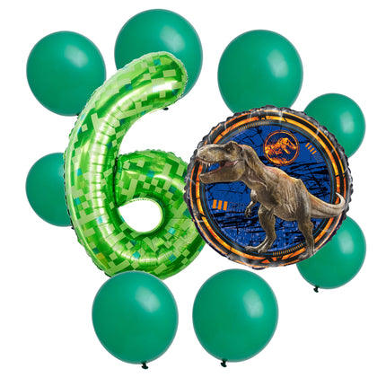 Jurassic World 6th birthday set main: number 6 foil, themed foil and 8 matching latex balloons