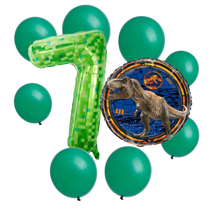 Jurassic World 7th birthday set main: number 7 foil, themed foil and 8 matching latex balloons