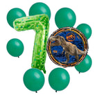 Jurassic World 7th birthday set main: number 7 foil, themed foil and 8 matching latex balloons