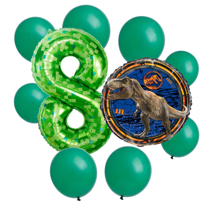 Jurassic World 8th birthday set main: number 8 foil, themed foil and 8 matching latex balloons