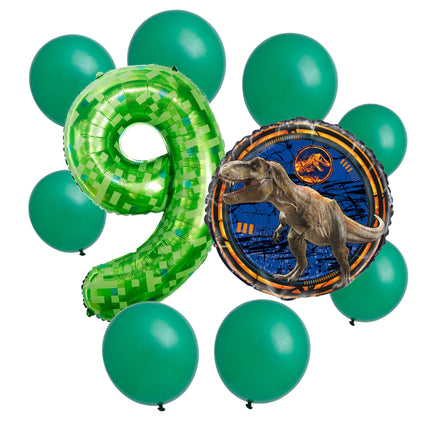 Jurassic World 9th birthday set main: number 9 foil, themed foil and 8 matching latex balloons