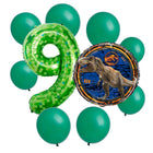 Jurassic World 9th birthday set main: number 9 foil, themed foil and 8 matching latex balloons
