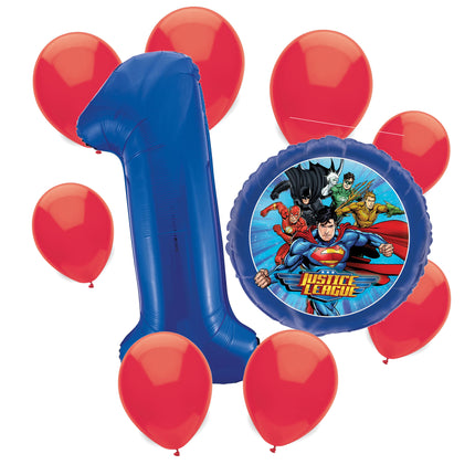 Justice League 1st birthday set main: number 1 foil, themed foil and 8 matching latex balloons