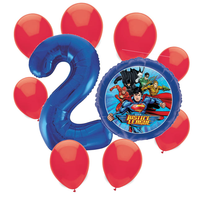 Justice League 2nd birthday set main: number 2 foil, themed foil and 8 matching latex balloons