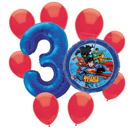 Justice League 3rd birthday set main: number 3 foil, themed foil and 8 matching latex balloons