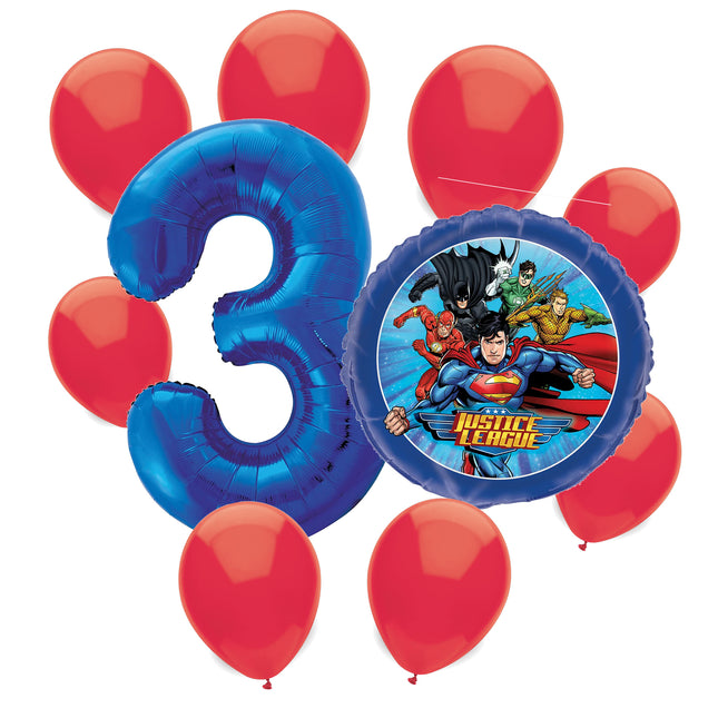 Justice League 3rd birthday set main: number 3 foil, themed foil and 8 matching latex balloons