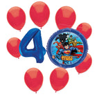 Justice League 4th birthday set main: number 4 foil, themed foil and 8 matching latex balloons