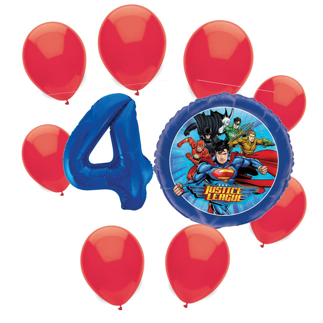 Justice League 4th birthday set main: number 4 foil, themed foil and 8 matching latex balloons