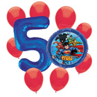 Justice League 5th birthday set main: number 5 foil, themed foil and 8 matching latex balloons