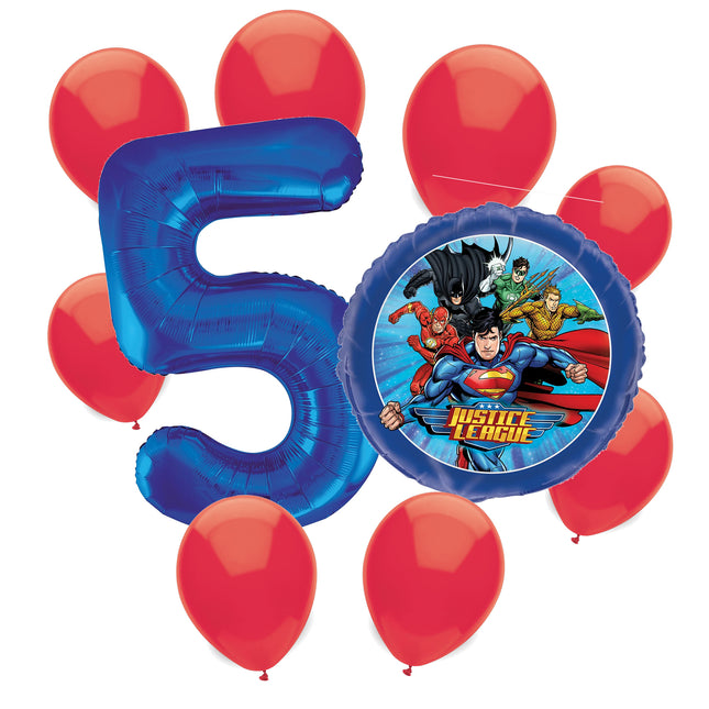 Justice League 5th birthday set main: number 5 foil, themed foil and 8 matching latex balloons