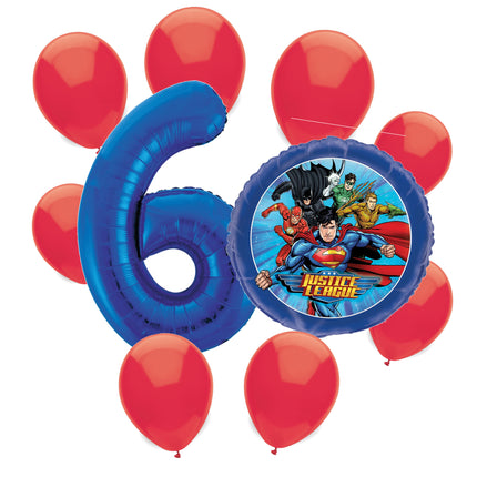 Justice League 6th birthday set main: number 6 foil, themed foil and 8 matching latex balloons