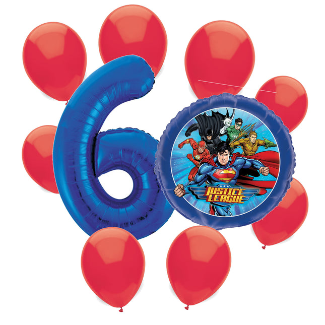 Justice League 6th birthday set main: number 6 foil, themed foil and 8 matching latex balloons