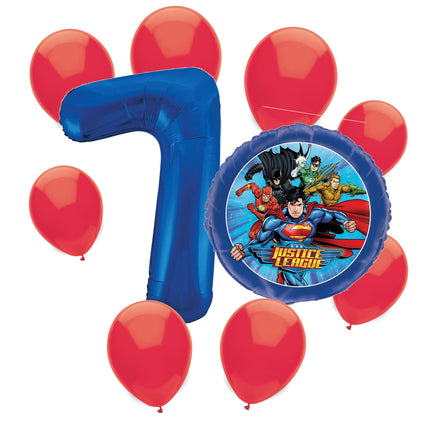 Justice League 7th birthday set main: number 7 foil, themed foil and 8 matching latex balloons