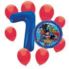 Justice League 7th birthday set main: number 7 foil, themed foil and 8 matching latex balloons