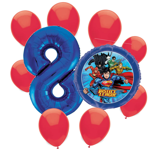 Justice League 8th birthday set main: number 8 foil, themed foil and 8 matching latex balloons