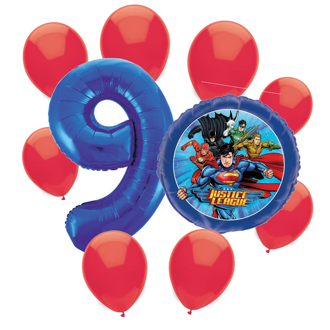 Justice League 9th birthday set main: number 9 foil, themed foil and 8 matching latex balloons
