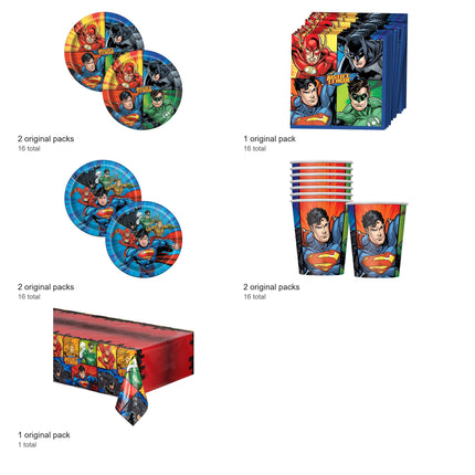 Justice League Coordinated Party Supplies Set for 16 Guests - included packs and quantities